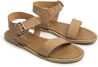 صنادل نسائية مسطحة "سيلكيت" من باستيت؟ حزام كاحل متقاطع منسوج مع مشبك تثبيت؟ نعل مريح من الفوم - المقاس