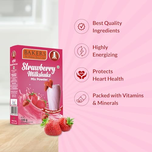 Image of BAKERS Milk Shake Mix Powder - Strawberry Flavor Pack of 4, Each 100g (400 Gram) | Instant Thick & Creamy Shake Mix | Rich & Delicious Dessert Drink | Ready to Mix with Milk | No Preservatives |Ready in 30 Sec