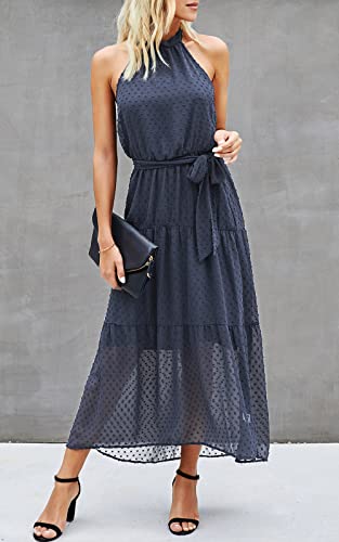 Image of PRETTYGARDEN Women's Halter Neck Floral Long Maxi Dress Casual Sleeveless Backless Dresses Loose Ruffle Sundress with Belt