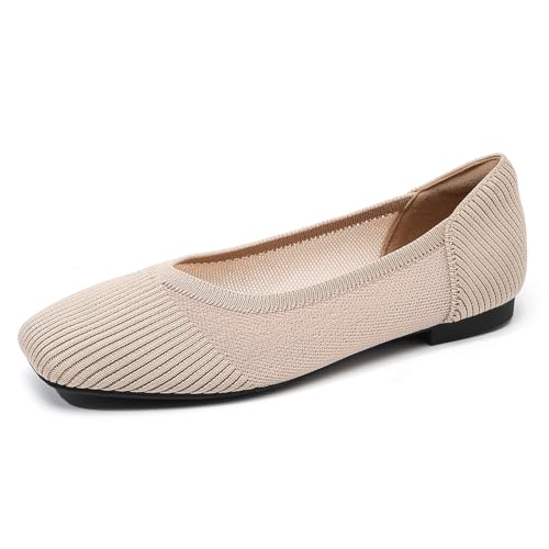 Womens Knitted Breathable Flat Shoes Square Toe Casual Work Dressy Slip On with Openwork Design for Daily Wear Machine Washable