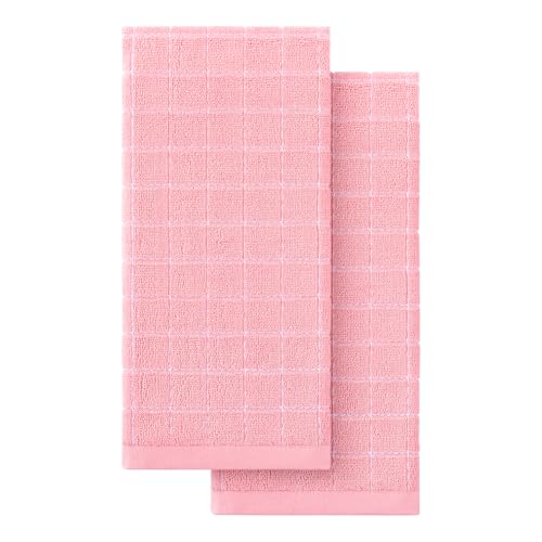 Homaxy 100% Cotton Terry Kitchen Towels(Pink 13 x 28 inches) Checkered Designed Soft and Super Absorbent Dish Towels 2 Pack