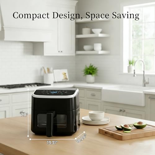 Image of HealSmart 4 Qt Air Fryer with Visible Window, 8-in-1 Digital Airfryer with Interior Light, 1500W, Nonstick Dishwasher-Safe Basket for Fries, Bake, Wings, 60-Min Timer, Black