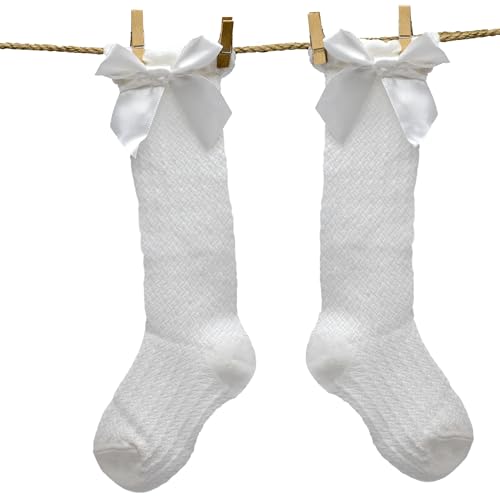 Calcetines Altos De Algodón Con Lazo Para Niños, Medias altas con lazo para niños, Calcetas de algodón, Medias infantiles con lazo decorativo, Algodón, Transpirable, Apto hasta 3 años, Blanco