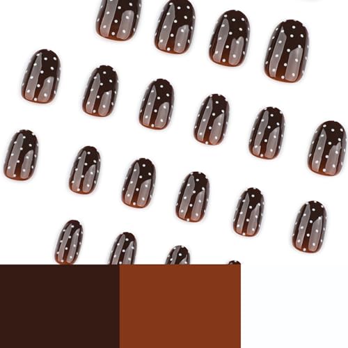 Image of Polka Dots Press on Nails Dark Brown Fake Nails Fall Nail Press ons Short Almond False Nail with Design Reusable Artificial Acrylic Glossy Full Cover Glue on Nails for Women Girls Manicure 24Pcs
