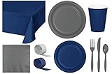 Baxters Party Bundle Bulk, Tableware for 24 People Navy Blue and Gray, 2 Size Plates Napkins, Paper...