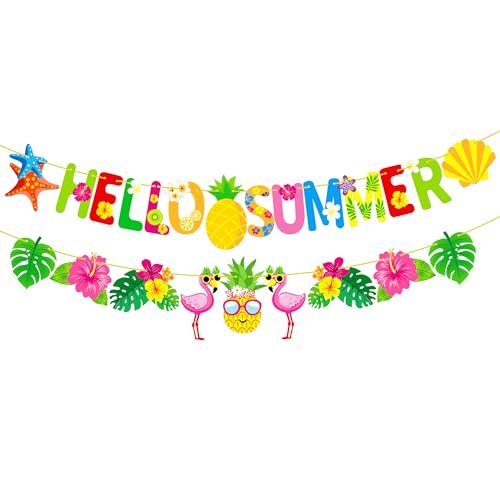 Image of KatchOn, Hello Summer Banner - 10 Feet, Pack of 2 | Luau Party Decorations | Hello Summer Party Decorations | Flamingo Garland for Tropical, Aloha, Hawaiian, Beach, Pool, Flamingo Decoration