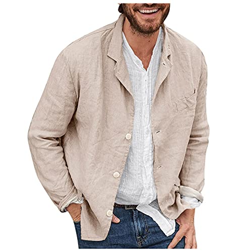 Men s Casual Suit Blazer Jackets Lightweight Linen Notched Collar Tailored Cardigan Tops Single-Breasted Sports Coats Khaki