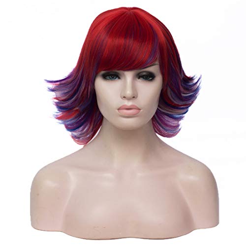 BUFASHION 12 Inch Short Curly Synthetic Wigs for Women Pixie Fluffy Natrual Cosplay Costume Wig with Side Part Bangs (Rainbow Color 2)