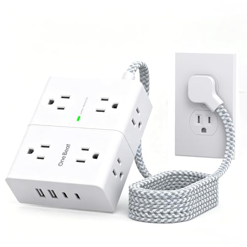 Image of One Beat Surge Protector Power Strip, 6 Ft Ultra Thin Flat Extension Cord with 8 Outlets 4 USB Ports(2 USB C), Flat Plug Power Strip, Braided Power Strip for Home, Office, Dorm Room Essentials