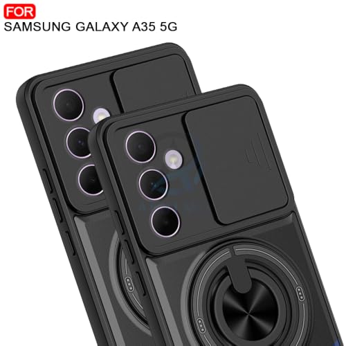 Image of AESTMO Samsung A35 5G Back Cover | Armor Camera Slider 360 Degree Rotating Finger Ring Holder Case with Bracket Stand Back Case Cover (Compatible with MagSafe Accessories) (Black)