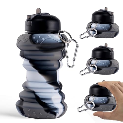 Image of Kuber Industries Pack of 4 Collapsible 600 ml Silicone Water Bottle With Flip Cap | Lightweight & Portable School Water Bottle - Ideal For Travel & Gym | Black
