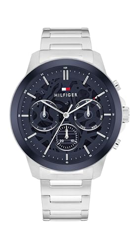 Tommy Hilfiger Men's 3H Quartz Multifunction Watch - Stainless Steel Bracelet with Transparent Skeleton Dial - 5 ATM Water Resistance - Modern Classic Timepiece - Gift for Him - 44mm