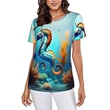 Seabed Coral Seahorse - Camisetas ajustadas de manga corta con cuello redondo para mujer, Negro, S
