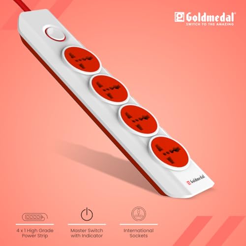Goldmedal I-Design 4X1 Power Strip With 4 International Sockets,Master Switch,Indicator And 2-Meter Power Cable –White,Pack Of 1,Made With Fire-Retardant Material,Suitable For All Type Plugs,240Volts (Image - 2)