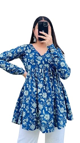 Image of Women's Rayon Floral Printed A-Line Tunic Top | Stylish Casual Wear | V-Neck Long Sleeve Kurti Top
