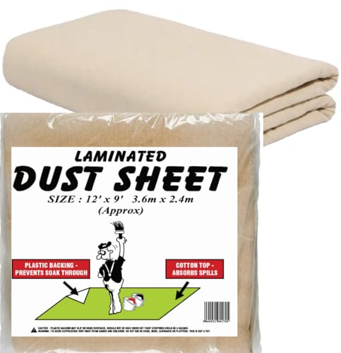 Laminated Cotton Dust Sheets for Painting & Decorating | Polythene Backed Drop Cloths | Reusable Paint Cover Sheets for Furniture, Floor, DIY (Cotton Twill Poly Backed, 12ft x 9ft - 3.50m x 2.60m)