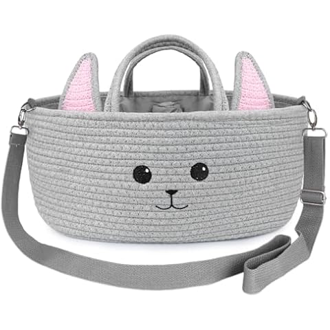 LSYDCARM Baby Diaper Caddy Organizer, Cute Cat Woven Cotton Rope Nursery Storage Basket, Portable Diaper Organizer for Changing Table, Baby Stuff, Car Travel Baby Shower Gifts for Newborn Cover
