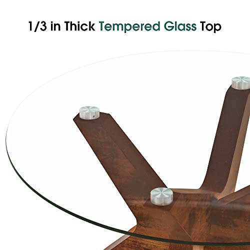 Ivinta Round Glass Coffee Table For Living Room, 31.5 In Mid Century Modern Accent Tea Table, Farmhouse Coffee Table With Natural Wood Frame And Tempered Glass Top (Rustic Brown, Clear) #TOP3