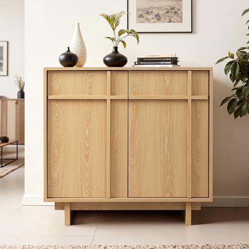 Hometopia Moderner Sideboard mit 2 Türen, skandinavisches Design mit geometrischer Holzleisten-Front, als Sideboard Wohnzimmer, küchenschrank oder vorratsschrank für Wohnzimmer, Küche oder Flur