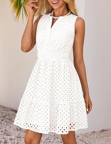 ZESICA Women's Summer Sleeveless Mini Dress V Neck Hollow Out Eyelet High Waist A Line Swing Short Party Dresses2
