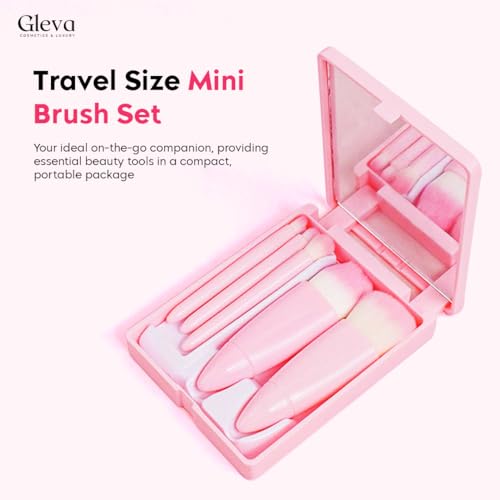 Image of Gleva Travel Size Mini Makeup Brushes Set with Mirror, Small Complete Function Cosmetic 5 Pcs Brushes Kit Case Apply to Face Foundation, Powder Concealers Eyebrow Eyeshadow Blush and Lip Gloss
