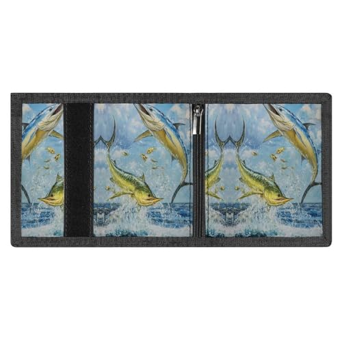 Blue Marlin Fish Jumping Trifold Wallets for Men Women Ultra Thin Card Holder Purse with Zip Coin Pocket4