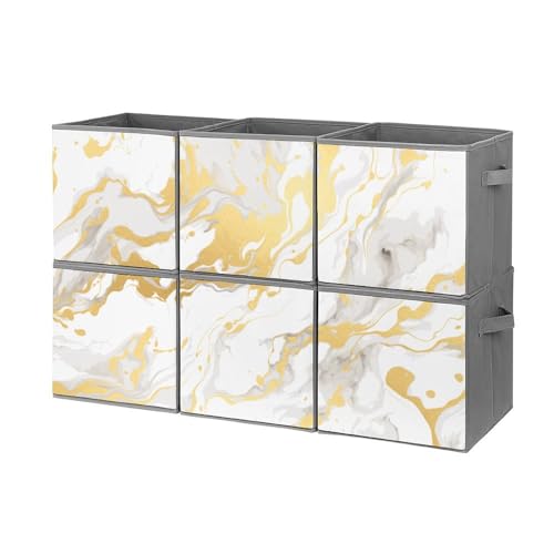 Surwin Fold Storage Box, 3D Marble Print Open Top Storage Box 6 Pack Storage Boxes with Handle, 19L Fabric Storage Cubes Clothes Organiser Storage Fabric Storage Baskets (Gold White)