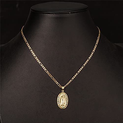 14K Gold Plated Guadalupe Virgin Mary Pendant Necklace for Women Men Two-layer White Color Zircon Inlay Oval Virgin Mary 3mm Flat Figaro Chain Necklace 18/22 inches4