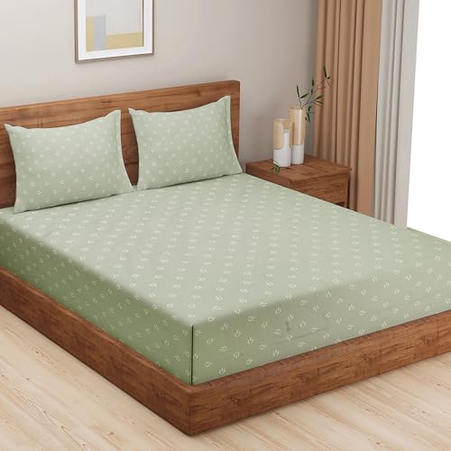 Image of Swayam Zinnia Collection Premium Mercerized Pure Cotton 250TC Geometric Print Double Bedsheet with 2 Pillow Covers - Green