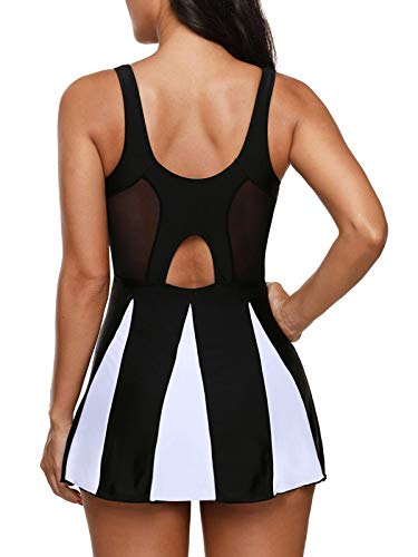 Zando Women's Tummy Control Swim Dress - Color Block & Mesh One Piece Swimsuit with Skirt for Women Over 504