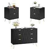 Anbuy 6 Drawer Dresser and Night Stand Sets for Bedroom, Two Drawers Nightstand Set of 2 & 6 Drawer Dresser Combo 3 Pieces (Black)