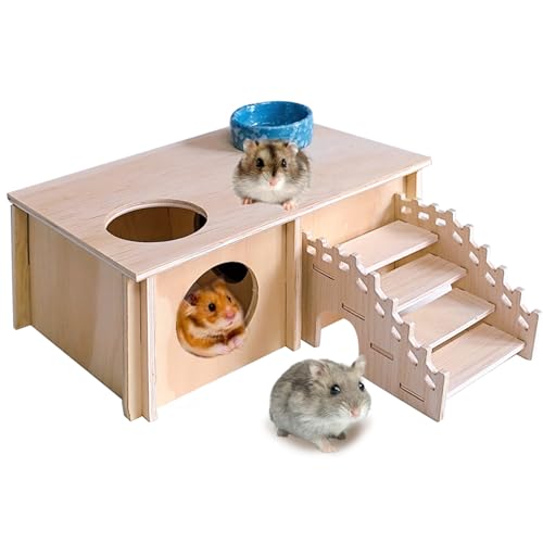 Acsist Wooden Hamster Hideout,Hamster House with Ceramic Bowl & Ladder,Small Pets Multi-Chamber Explore Hide Hut Habitats Decor Accessories for Rat,Gerbils, Dwarf Hamsters, Mice