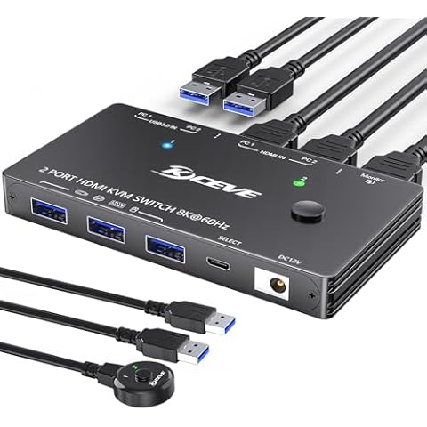 KVM Switch 8K@60Hz,HDMI KVM Switch for 2 Computers Sharing 1 Monitor and 3 USB3.0 Devices, Wired Remote Control and USB Cable Included Cover
