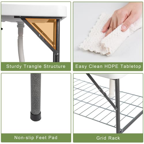 GODECOR 40\" Folding Fish Cleaning Camping Table w/Faucet & Sink, Outdoor Portable Fillet Station w/Grid Frame, Knife Groove, Multifunctional Washing Table for Camping or Kitchen, White - Thumbnail 6