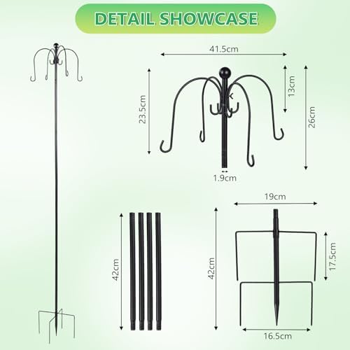 88 Inch Shepherd Hook,Bird Feeder Pole Station Hanger Adjustable Height with 5 Prong Base,for Garden Lights, Lanterns, Plant Baskets - 2