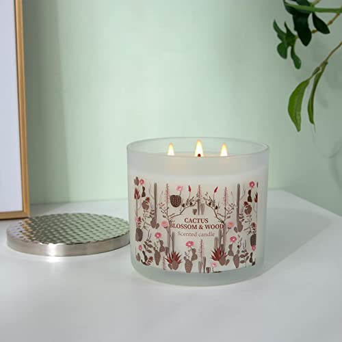 Large Jar Candles For Home Scented, Cactus Blossom & Wood, Highly Scented, Candles Gift For Women Relax, All Natural Soy Wax Aromatherapy Candle, 3 Wick Candles Gift Box,14.6Oz 75 Hours Burning Time #TOP7