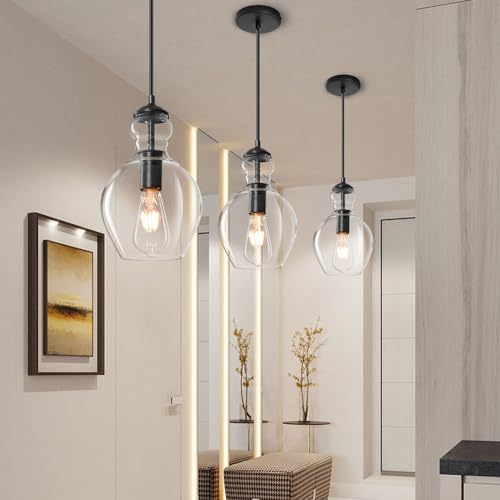 Image of Black Clear Glass Pendant Lighting for Kitchen Island Entryway 7 Inch