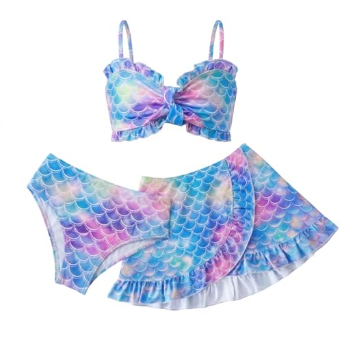 Image of Girls Mermaid Swimsuit 3 Piece Bathing Suits, Adjustable Ruffled Bikini Top, with Cover up Skirt Fish Scale Design for 3-10Y