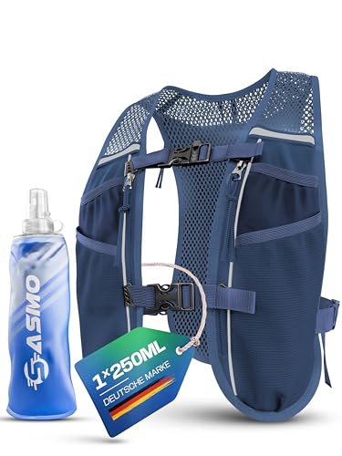 SASMO® Laufweste Damen & Herren 5L | Running Vest - Ultraleicht 270g & atmungsaktiv| Laufrucksack Damen - 8 Taschen | Laufweste Herren | Trinkweste Laufen (Navyblau - mit 1x250ml, 5L)