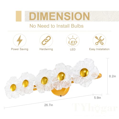 Image of 26.7 inch Gold Bathroom Light Fixtures 5 Light Floral Vanity Lights, 3-Color Dimmable Bathroom Vanity Light Elegant Led Wall Lights Cordless Wall Sconces for Decor,Bathroom,Livingroom