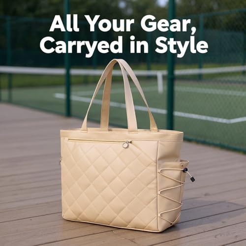 Bolsa de tenis beige con sección de calzado y protección impermeable 6