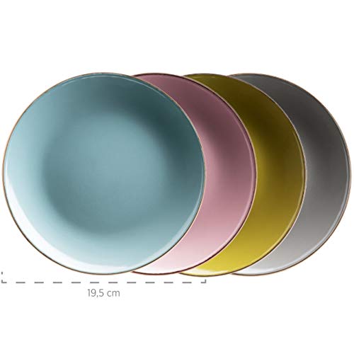 MÄSER 931726 Metallic Rim, Modernes Geschirr Set für 4 Personen mit messingfarbenem Rand, 16-teiliges Kombiservice mit randlosen Coupe-Formen, bunt, Steinzeug, Fresh