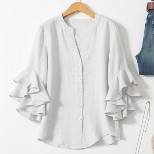 3/4 Ruffle Sleeve Cotton Linen Shirts for Women Dressy V Neck Beach Tunic Tops Elegant Summer Casual Work Blouses White — view 6