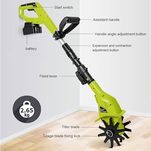 Coltivatore a cordone a cordone elettrico, rotavatore da giardino con batteria e caricabatterie da 2 x 2000 mAh, profondità di lavoro di 25 cm, larghezza di cilitine da 10 cm, timone rototiller