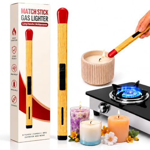 Image of I K IMPEX Match Stick Shaped Gas Lighter for Kitchen, Long Handle Butane Gas Lighter for Gas Stove, Candle & BBQ, Windproof Refillable Multipurpose Lighter for Home & Outdoor Use