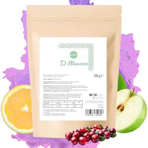 Nutritec D-manosa en polvo 100 g, natural sin aditivos, calidad de comida alemana para bebés, alta dosis, bien soluble, vegano, con cuchara medidora extra, sin ingeniería genética