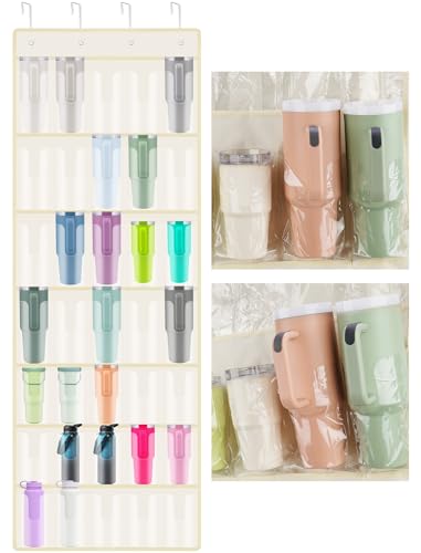 NiHome 35-Pocket Door Hanging Cup Organizer Fit for Stanley Tumbler 30 40oz | Large Capacity Over the Door Water Bottle Storage with Nano Tape, Waterproof Oxford Fabric, U-Shaped Handle Slots (Beige)