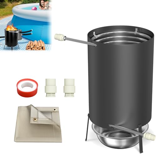 ACXIN 1 Stück Poolheizung mit Feuer, Anschlüsse Edelstahl Feuertonne Brennholz Pool Heizung mit Heizspirale für Schwimmbäder, Poolofen Heizungen inkl. Matte & Restasche Auffangwanne, Schwarz