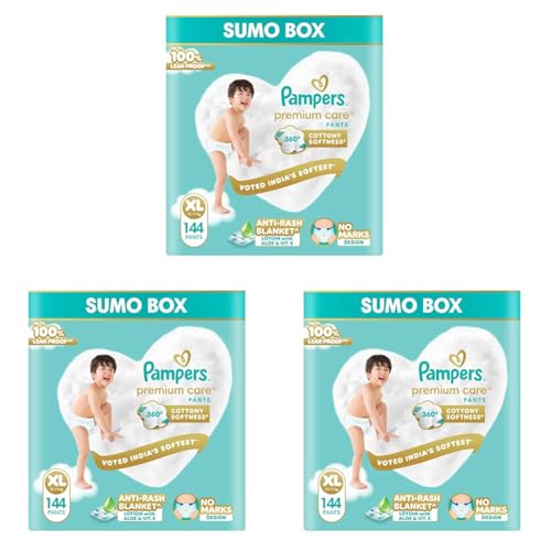 Image of Pampers Premium Care Pant Style Baby Diapers XL 144 Count | No Marks Design | Voted India's #1 Softest Diaper | All in 1 diaper with 360 Cottony Softness (Pack of 3)