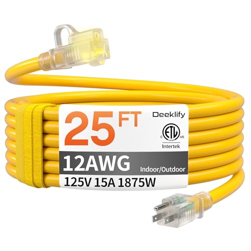 12AWG 25 FT Heavy Duty Outdoor Extension Cord Waterproof with Lighted End 12 Gauge Extension Cord Flexible and Cold Resistant 3 Prong Grounded Plug 15Amp 1875W Yellow SJTW ETL Listed